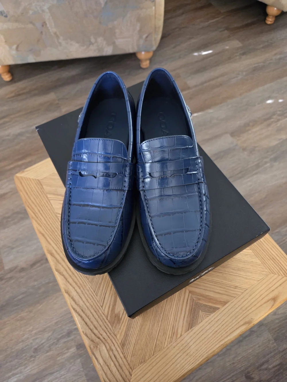 Deep Blue Croc-Embossed Coach Penny Loafers - Men